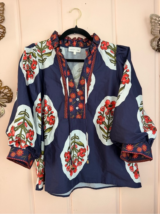 entro Tops - Etro Navy Floral Peasant Blouse SzL